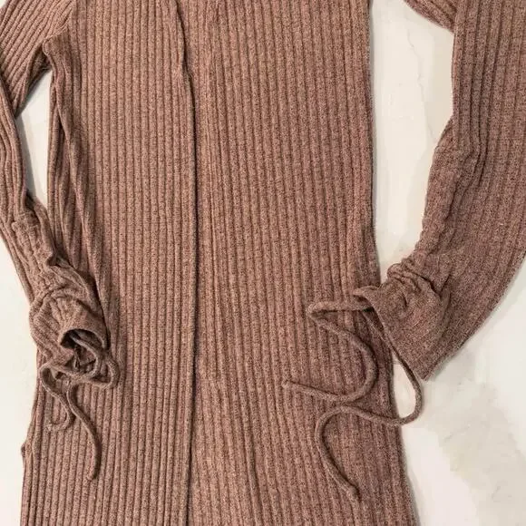 Daytrip Ribbed Flyaway Long Duster Cardigan Sweater Brown Women XS Ruched Sleeve - Picture 3 of 7